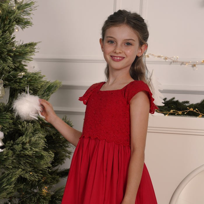 Flounce sleeve festive lace dress
