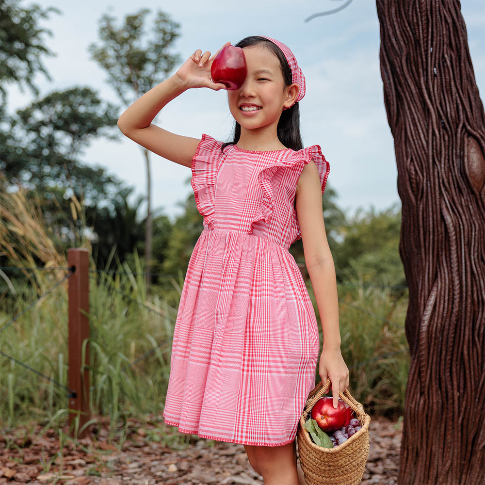 Flounce sleeve chequered dress