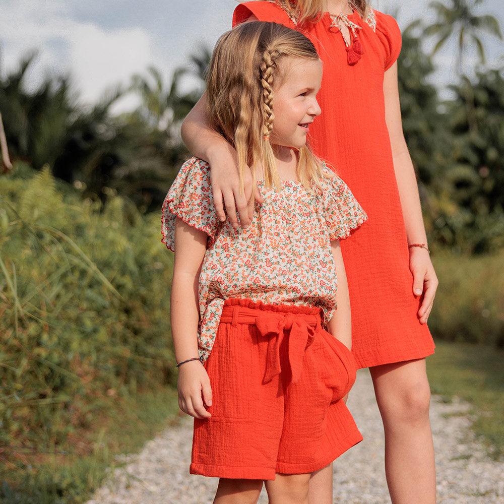 Cotton gauze belted shorts